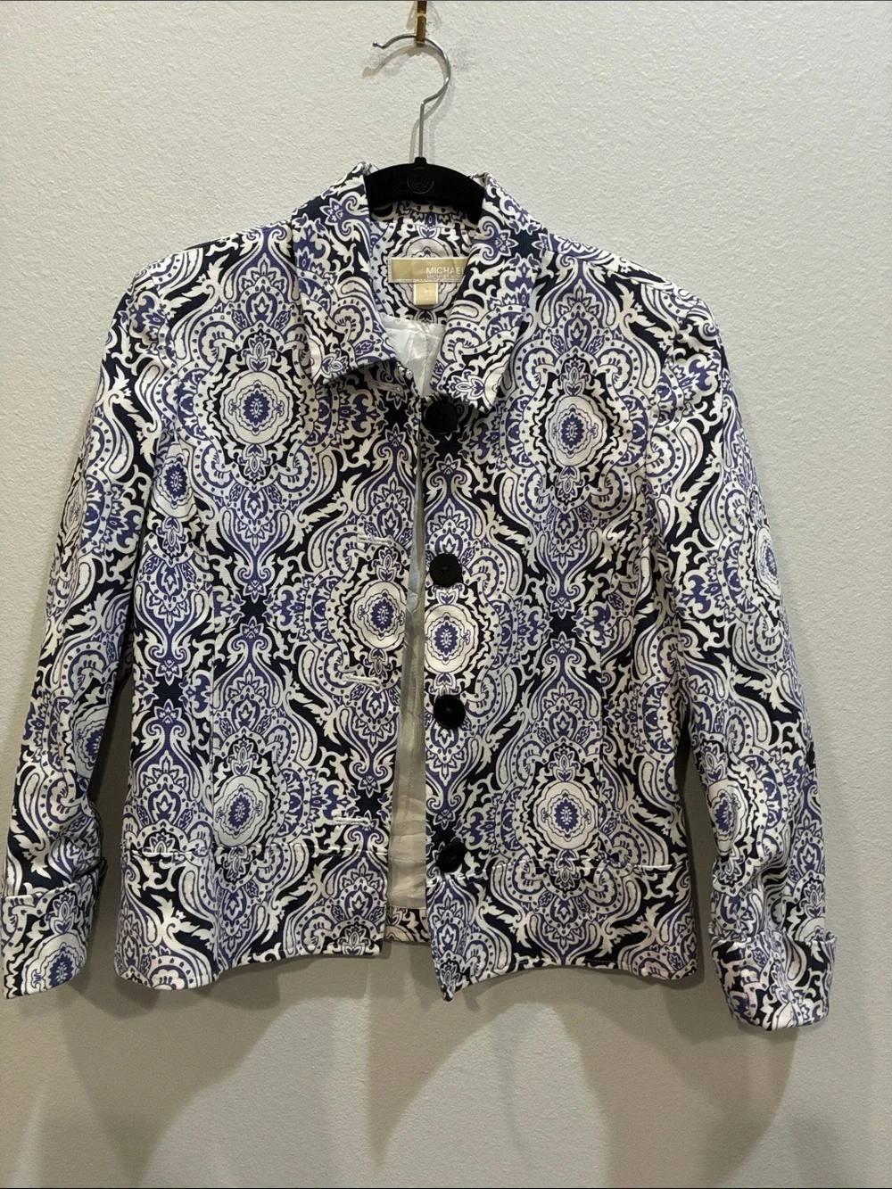 Michael Kors Navy and White Printed Button Jacket